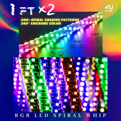 RGB LED Whip Lights for UTV ATV – 1ft/2ft/3ft/4ft Spiral Color Changing Neon Light Whips with Remote & App Control, Music Sync, for RZR SXS Dune Buggy Off-Road Truck (2pcs, No Spring Base)