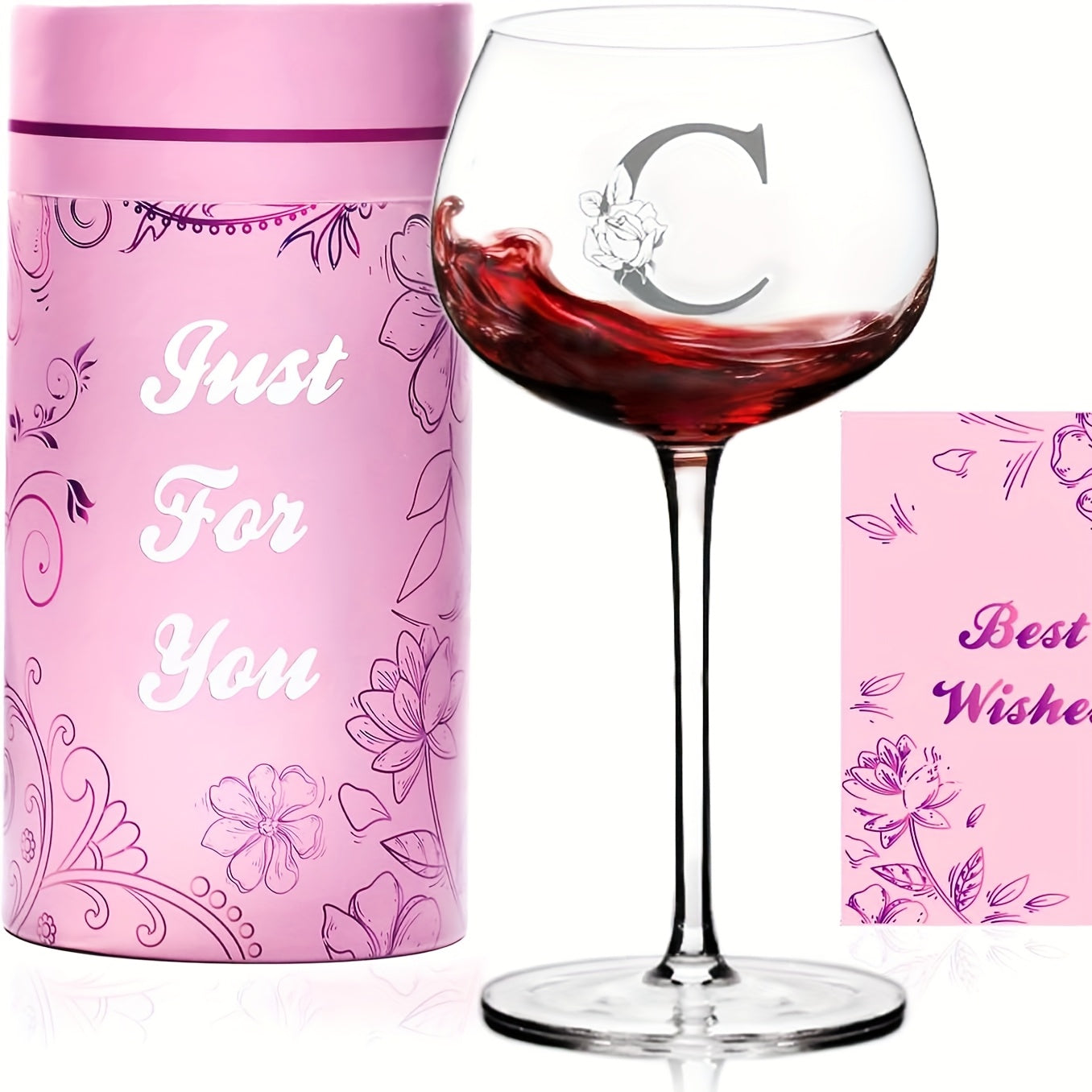 Initial Wine Glass Gift Set with 18 Checkout Letters, 14-Ounce Bowl, Presentation Box and Card