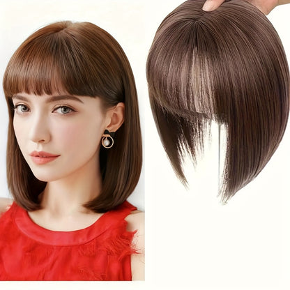 10-Inch Clip-In Hair Topper with Bangs in Black, Dark Brown or Light Brown Crown Coverage Options