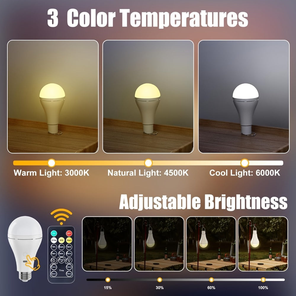 USB-Rechargeable E26 LED Light Bulbs, Two-Pack with Remote, Hanging Hooks, Three Color Controls and Timer Buttons