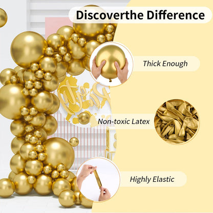 Balloon Garland Arch Kit 130PCS Metallic Gold – 18" 12" 10" 5" Latex Balloons with Ribbon & Glue Dots for Birthday Baby Shower Wedding Graduation Party Decorations DIY Balloon Arch Set