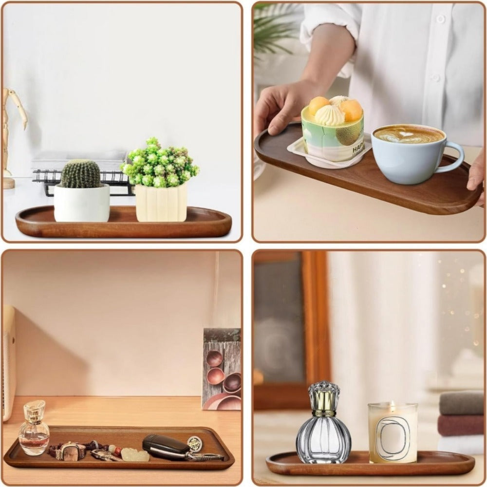 Wood Serving Tray Set with Eight Oval Trays or Four Rectangular Trays and Raised Edge Design