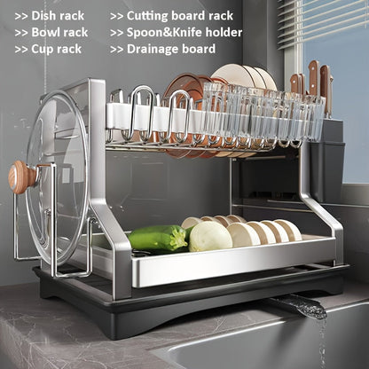 Stainless Steel Two-Tier Dish Drying Rack with Drainboard, Cup Holders, Utensil Caddy and Lid Rack