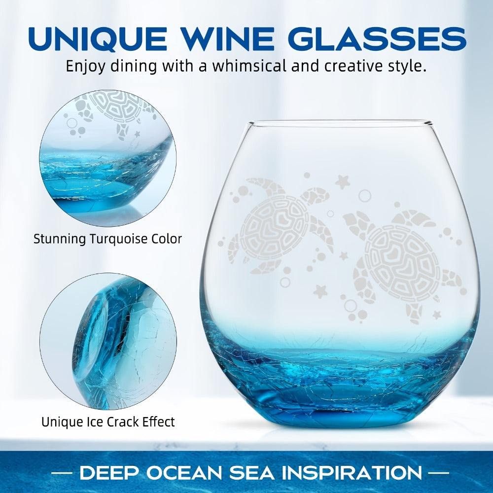 Sea Turtle Wine Glass Hand Etched Stemless 16oz Turquoise Crystal Glass Cup - Unique Wine Gifts for Women Ocean Beach Turtle Lovers Mom Wife - Sand Etched Art Gift Box Set for Birthday Christmas
