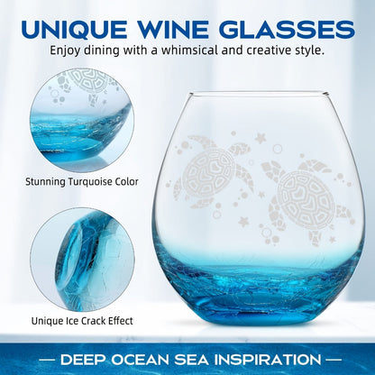 Sea Turtle Wine Glass Hand Etched Stemless 16oz Turquoise Crystal Glass Cup - Unique Wine Gifts for Women Ocean Beach Turtle Lovers Mom Wife - Sand Etched Art Gift Box Set for Birthday Christmas