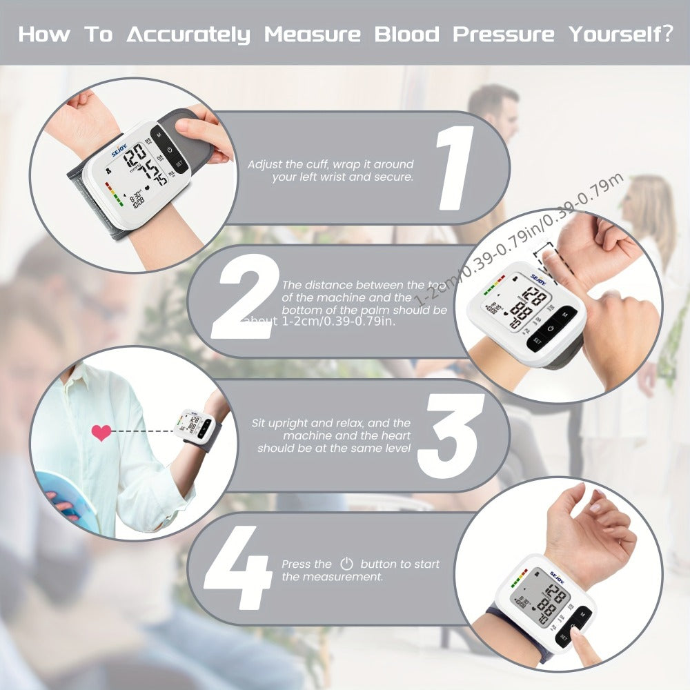 Blood Pressure Monitor by SEJOY, Wrist LCD Device with Included Strap and Battery Color Options