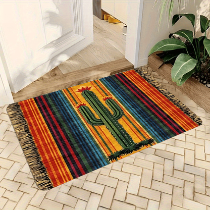 Mexican Cactus Flannel Area Rug Non-Slip Soft Absorbent Floor Mat for Indoor Entrance Kitchen Bathroom Bedroom Corridor Welcome Mat Colorful Stripes Boho Decor