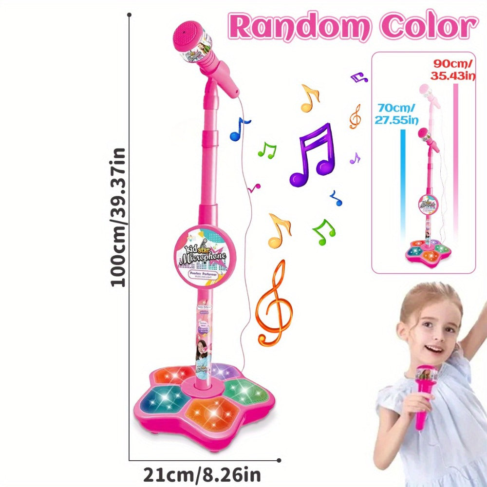 Kids Karaoke Microphone with Stand & Amplifier – Singing Toy for Girls Boys Age 3+, Random Print Design, Birthday Gift, Blue / Black / Pink