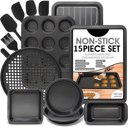 Nonstick Bakeware Set with Cooling Rack Cookie Sheet Cake Pans Loaf Muffin Pizza Pan Baking Pans Set for Kitchen 6 14 15 Piece