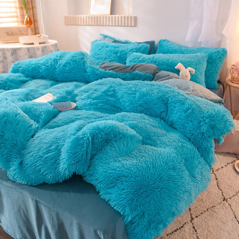 Plush Four-Piece Duvet Cover Set with Bed Sheet, Two Pillowcases, Queen or King Size and Eight Colors