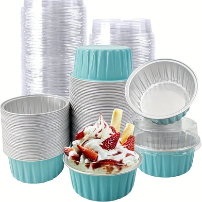 Aluminum Foil Baking Cups with Lids, Disposable Cupcake Molds with Spoons, Oven Safe Foil Dessert Cups for Pudding Muffins Mousse, Party Baking Supplies for Weddings Birthdays, 30 or 50 Sets