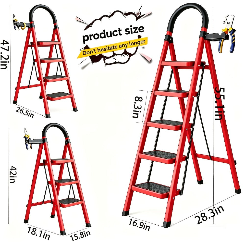 Folding Metal Step Ladder with Handrail, Ribbed Treads and Two-, Three-, Four- or Five-Step Options