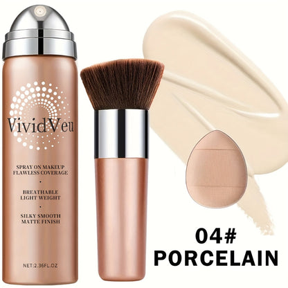 Spray-On Liquid Foundation Bottle with Matching Face Brush in Four Shades from Natural to Porcelain