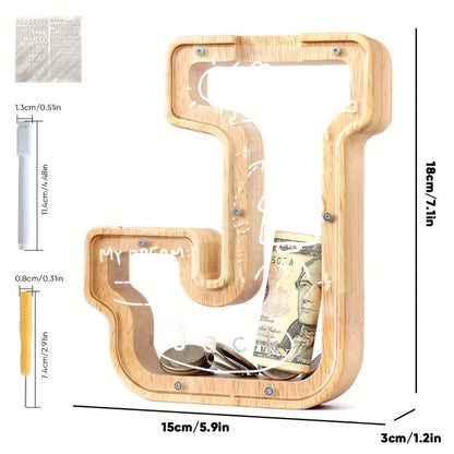 Alphabet Wooden Money Bank with Clear Front Panel, Coin Slot and A-to-Z Letter Options for Adults