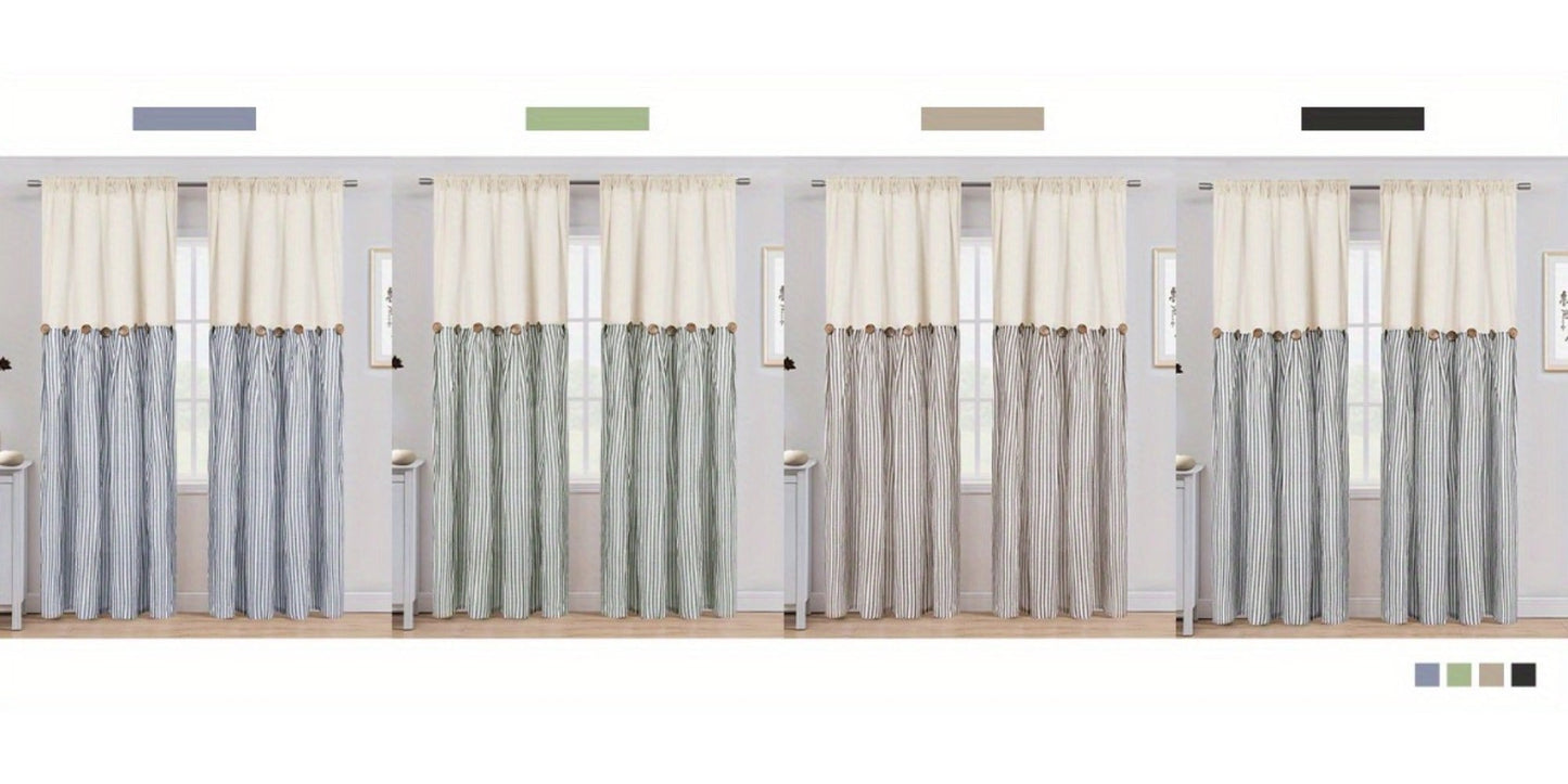 Striped Patchwork Window Curtain Set with Rod-Pocket Top, Six Colors and Five Panel-Count or Size Options