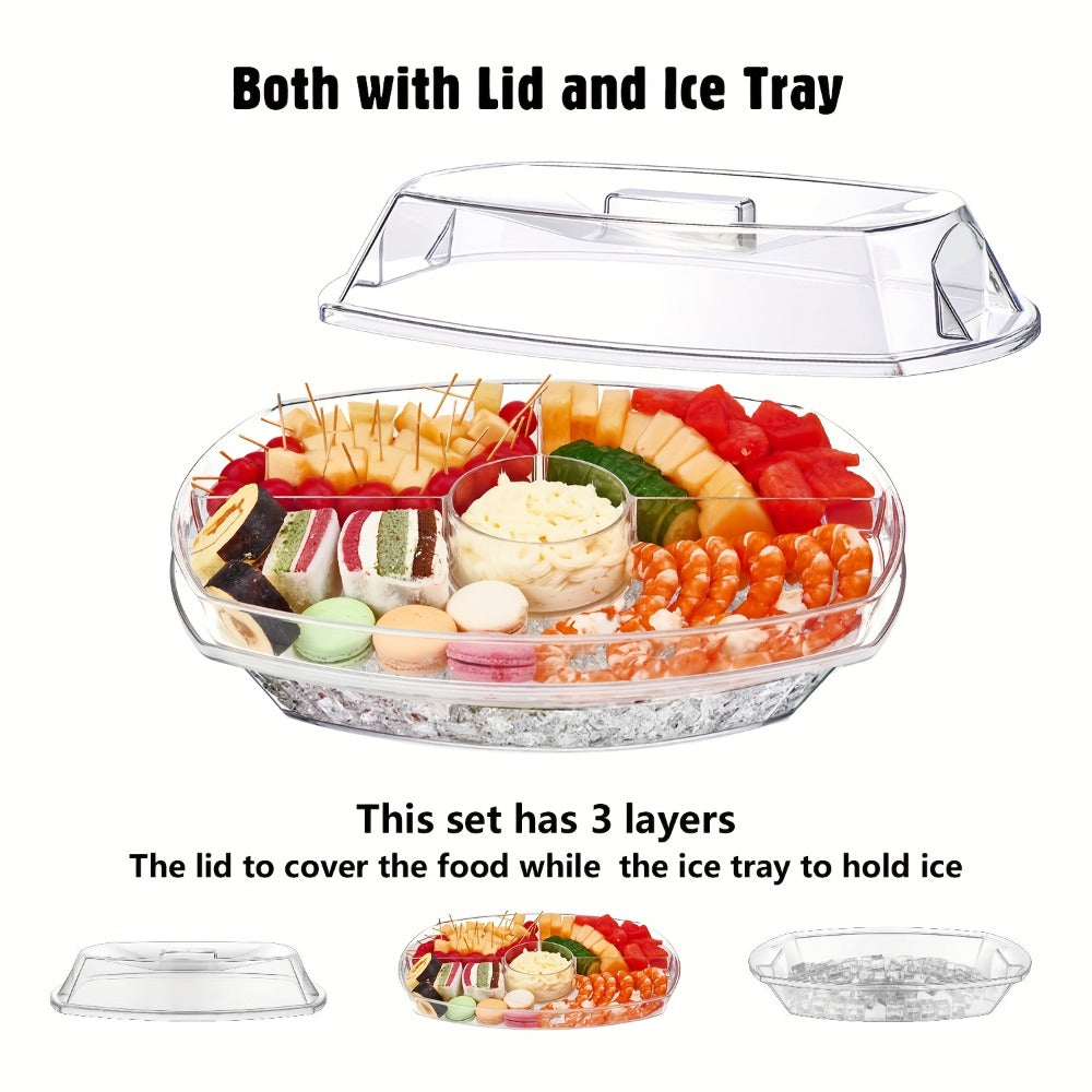 Appetizer Serving Tray with Ice Tray & Flip Lid – 15 Inch Round Chilled Condiment Serving Platter, BPA-Free Plastic Veggie Dip Bowl, Dishwasher & Freezer Safe Party Snack Tray