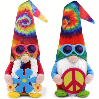 Hippie Gnomes Decorations 2 Pack – Groovy Tie Dye Tomte Figurines with Peace Sign & Fashion Glasses, 13.5" Swedish Gnome Shelf Sitters for Farmhouse, Christmas, Halloween & Party Decor