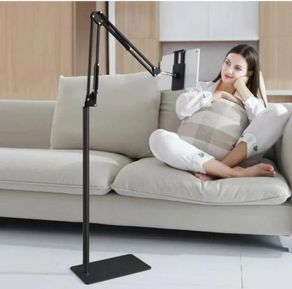 Floor-Standing Phone and Tablet Holder with Articulating Arm, Rotating Clamp and Exact 68.9-Inch Option
