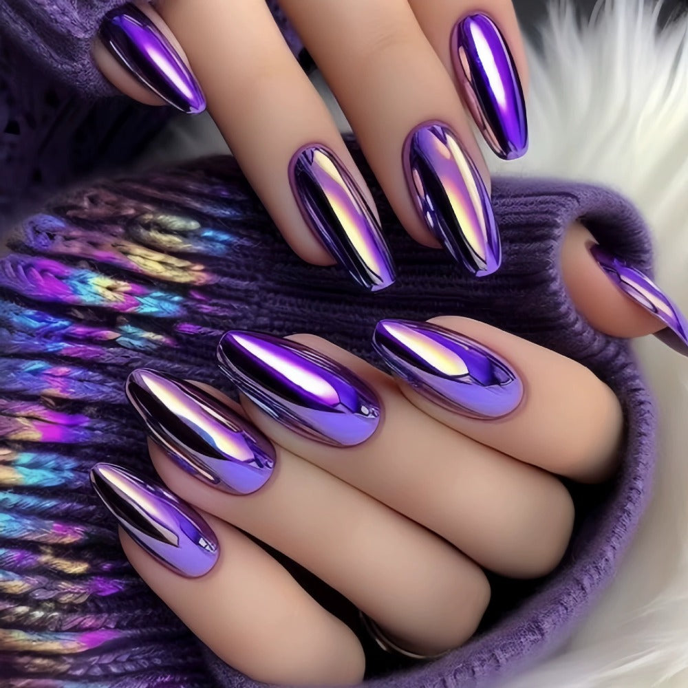 Press On Nails 216-Piece Almond Pointed Nine-Pack Set with Purple Pink Silver Gold Styles and Glue