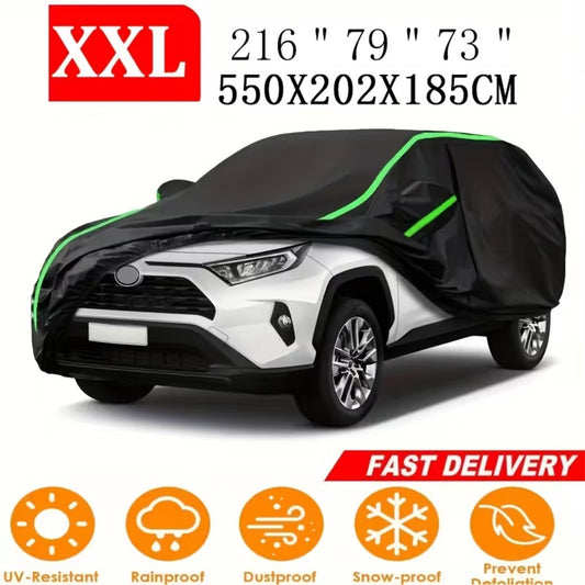 210T 6-Layer Full Car Cover for SUV & Sedan - All Weather Waterproof, UV, Snow & Dust Proof with Reflective Strips - XL & XXL Black