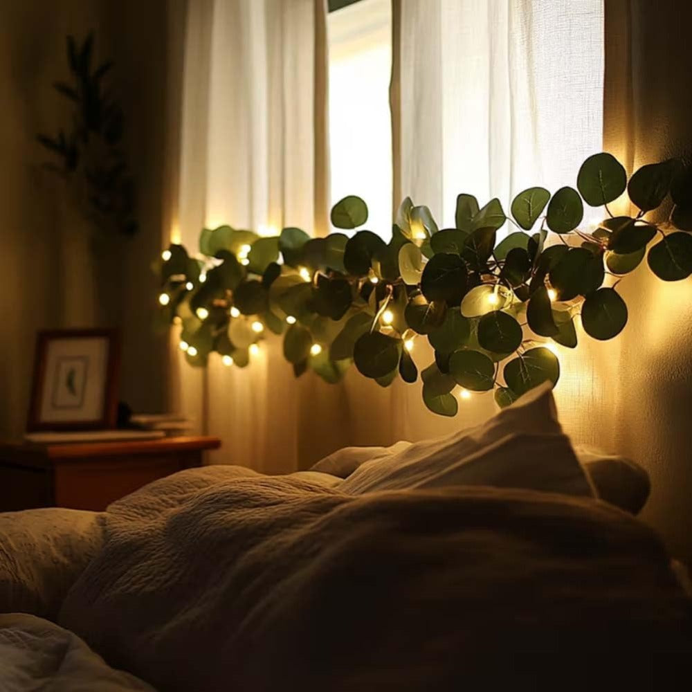 String Lights, Four-Piece Eucalyptus Leaf Wreath Set with 20 Warm LEDs per Strand and Battery Power