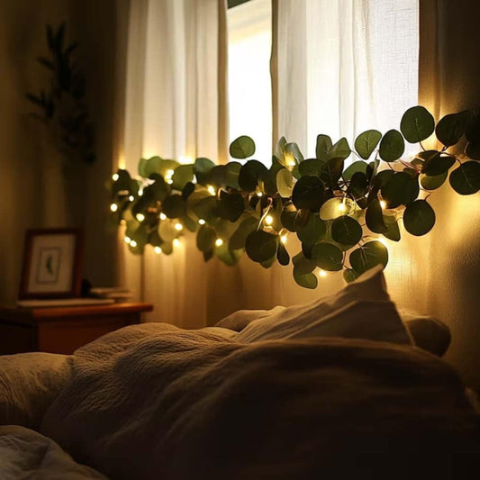 String Lights, Four-Piece Eucalyptus Leaf Wreath Set with 20 Warm LEDs per Strand and Battery Power