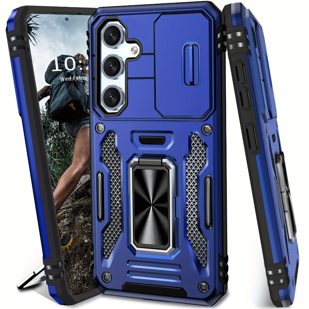 Samsung Galaxy Shockproof Magnetic Phone Case with 360° Rotating Ring Bracket & Sliding Lens Protector – Heavy Duty Cover for S24FE S23FE S22 S21FE Ultra A55 A54 A35 A34 A25 A24 A16 A15 A14 A06 A05 A05S 5G