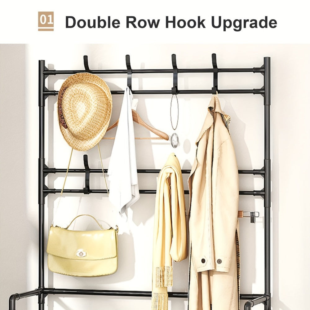 Shoe Rack Floor-Standing Organizer with 8 Double Hooks and 3-Layer or 5-Layer Black Options