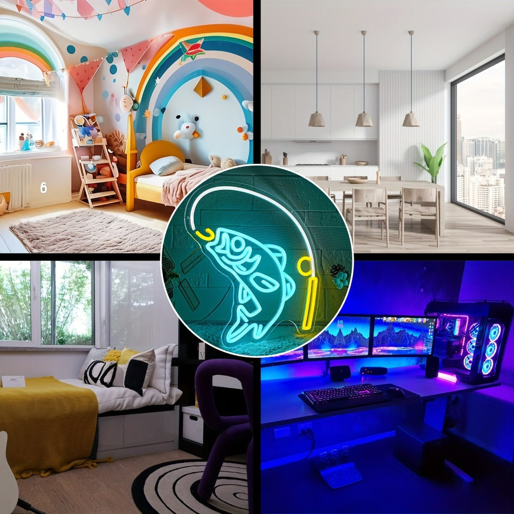 Fishing Neon Sign LED Wall Decor – Dimmable Multicolor Go Fishing Hook Neon Light for Man Cave, Bedroom, Tackle Shop, Bar & Game Room, Fly Fishing Gift & Unique Wall Art