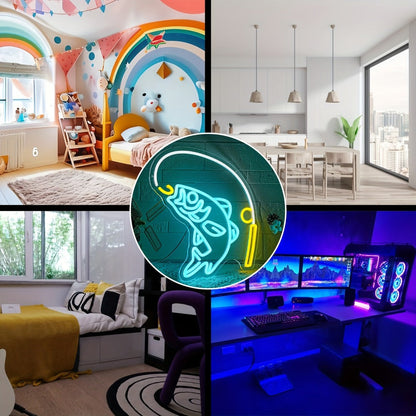 Fishing Neon Sign LED Wall Decor – Dimmable Multicolor Go Fishing Hook Neon Light for Man Cave, Bedroom, Tackle Shop, Bar & Game Room, Fly Fishing Gift & Unique Wall Art