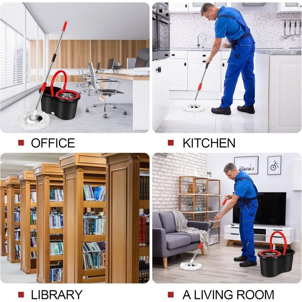 Spin Mop and Bucket with Wringer Set, 360° Spinning Mop System, 4 Microfiber Replacement Heads, Stainless Steel Adjustable Handle, Heavy-Duty Floor Cleaning Kit for Hardwood Tile Laminate Kitchen Bathroom