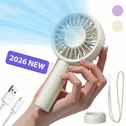 Pocket-Size Handheld Fan with Three Speeds, USB-C Charging, Wrist Strap and Three Color Options