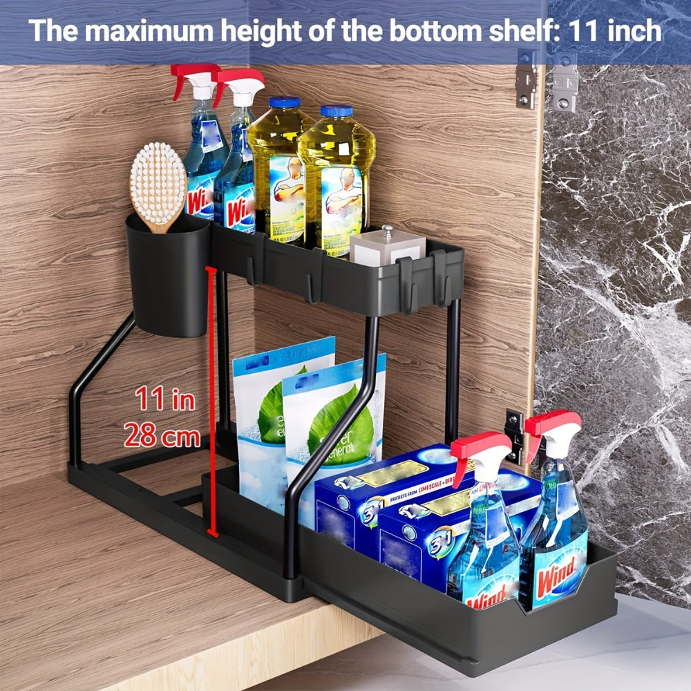 Under Sink Storage Organizer 2-Piece Sliding Shelf Set in Black or White for Kitchen and Bathroom