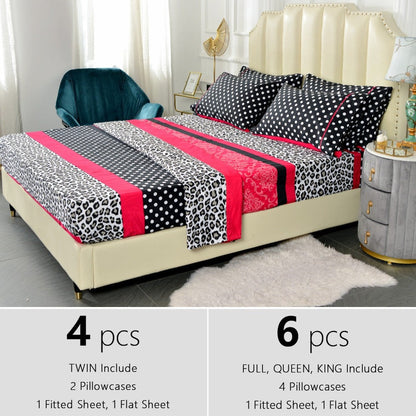Microfiber Bed Sheet Set 4/6 Pcs – Soft Breathable Patchwork Printed Bedding with Deep Pocket Fitted Sheet, Wrinkle-Resistant Easy Care – Twin, Full, Queen, King Sizes Available