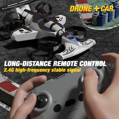 Two-in-One RC Drone and Ground Car with White Body, Two Batteries and Propeller Guards for Indoor Play