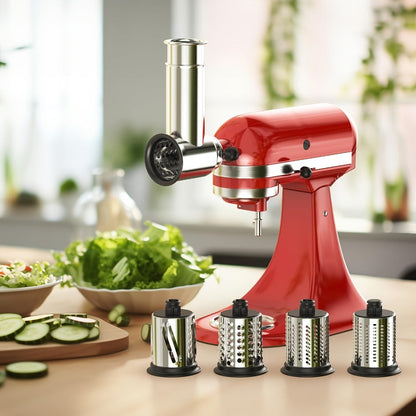 Stainless Steel Slicer Shredder Attachment for Stand Mixers with 4 Dishwasher Safe Blades – Multi-Function Vegetable Fruit Cheese Grater Salad Maker & Powder Grinder for Carrots Potatoes