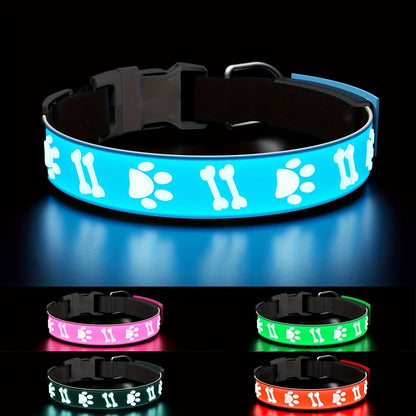 LED Dog Collar USB Rechargeable – 15 Light Modes Adjustable Glow Safety Collar for Nighttime Walks, Soft 3D Flash Pattern Pet Collar, XS–L, Blue, Pink, Red, Black, Green
