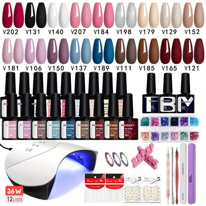36-Piece Gel Nail Polish Kit with 36W UV LED Lamp, Three Checkout Sets and Pink-to-Blue Color Range