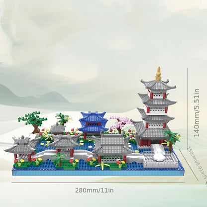 Hangzhou West Lake Architecture Building Block Model with 3,282 Pieces, Pagoda, Gardens and 11-Inch Base