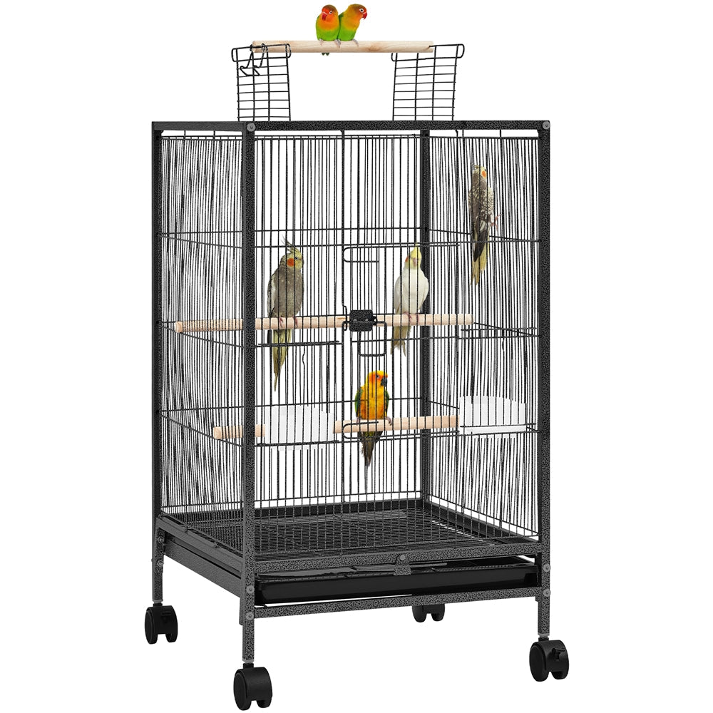 Bird Cage with Rolling Stand Open Top 31 Inch Wrought Iron Black - Slide Out Tray Feeder Doors 2 Feeders 3 Perches for Budgies Parakeets Cockatiels Canaries Finches Small Bird Home Cage