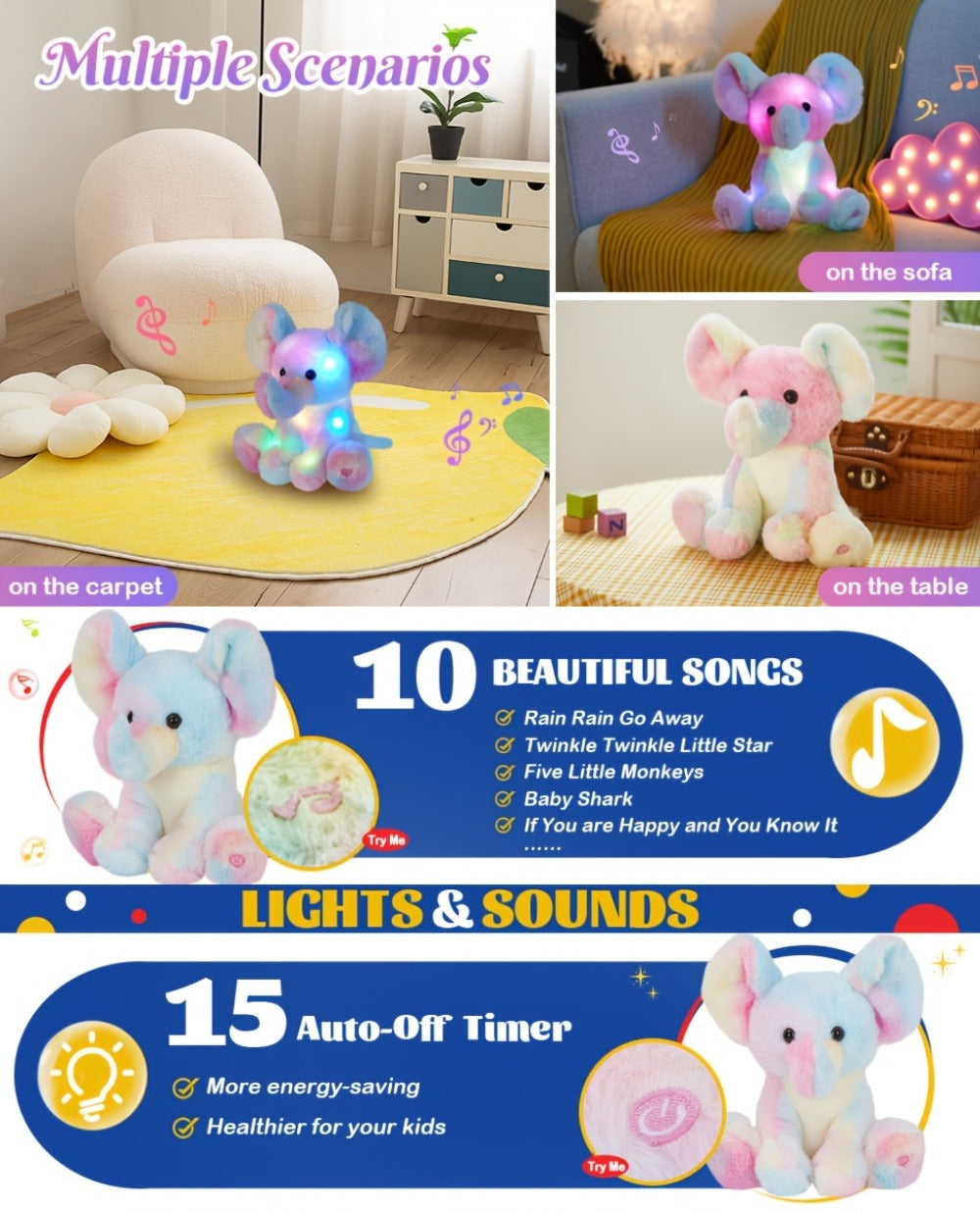 Plush Toy – Rainbow Elephant 12-Inch Light-Up Design with Optional Music for Colorful Room Display