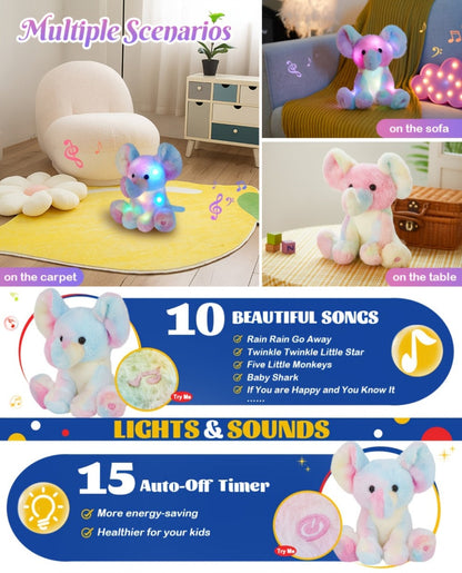 Plush Toy – Rainbow Elephant 12-Inch Light-Up Design with Optional Music for Colorful Room Display