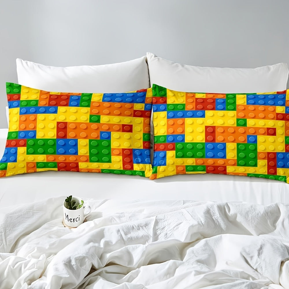Bed Sheet Set 3- or 4-Piece Colorful Building Block Print with Four Sizes and Machine-Washable Care