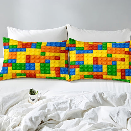 Bed Sheet Set 3- or 4-Piece Colorful Building Block Print with Four Sizes and Machine-Washable Care