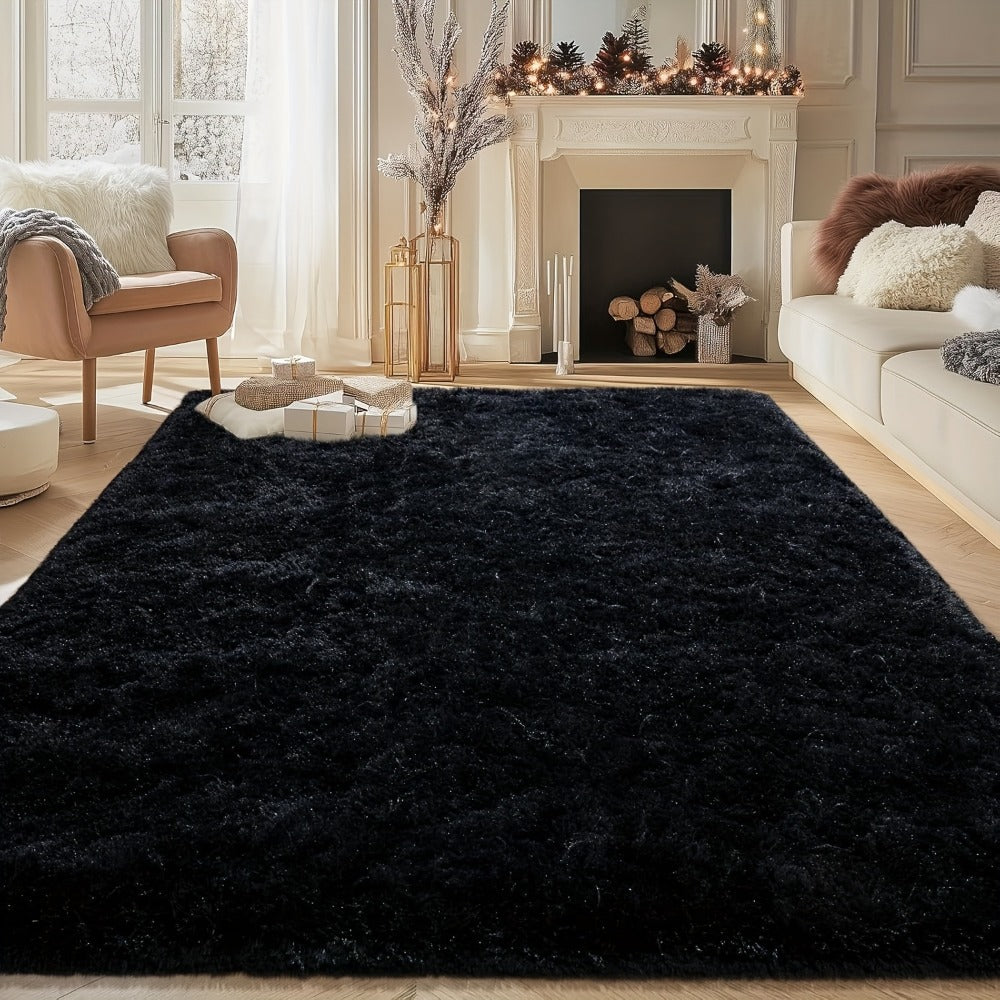 Area Rug, Black Rectangular Shaggy Microfiber Style in 4x6, 5x8, 6x9 or 8x10 Feet with Machine-Wash Care