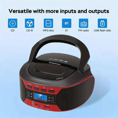 Bluetooth CD Player Boombox with FM Radio – Portable CD Boombox with AUX USB Playback, Earphone Jack, Stereo Speakers, Battery or AC Powered, CD Player for Home and Outdoor Use