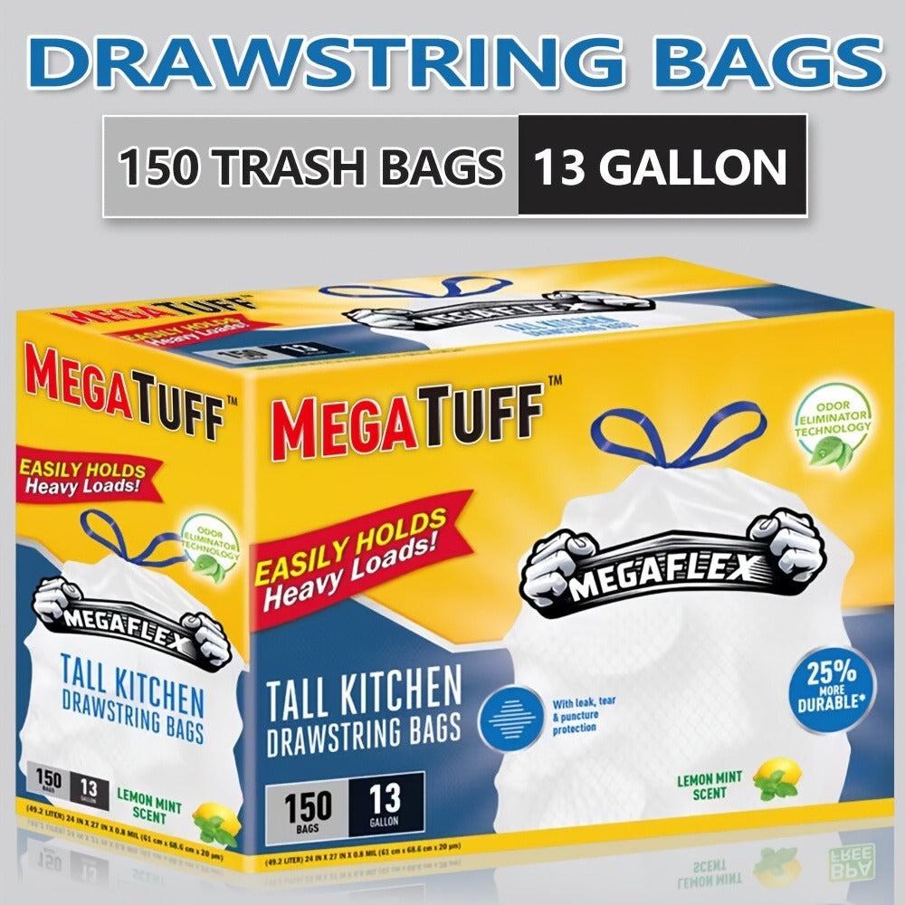 Drawstring Trash Bags with Odor Eliminator Technology – Lemon Mint Scent, Puncture & Tear Resistant, 30 Gal (90 Bags) or 13 Gal (154 Bags) Kitchen Garbage Bags