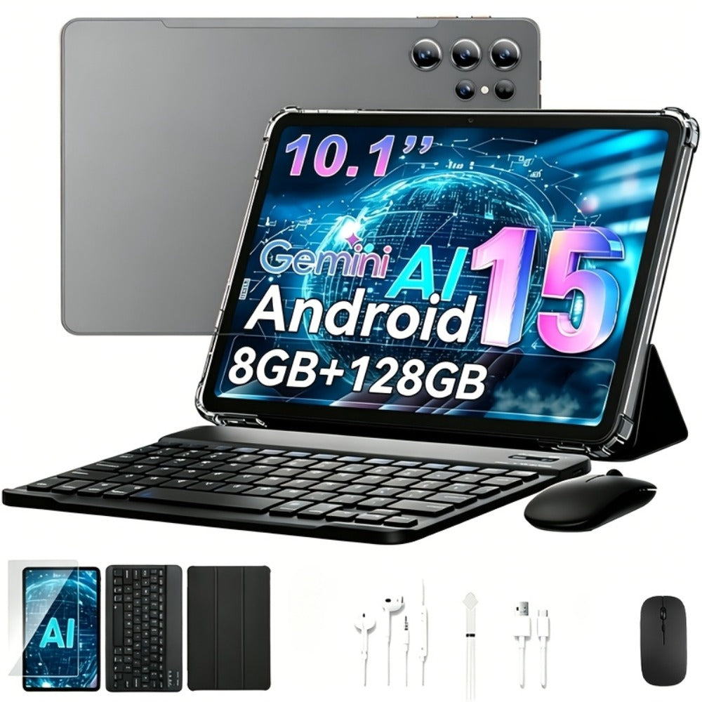 2-in-1 Tablet Android 15, 10.1 Inch Tablet with Keyboard Case Stylus, 8GB RAM 128GB ROM, 8000mAh Battery