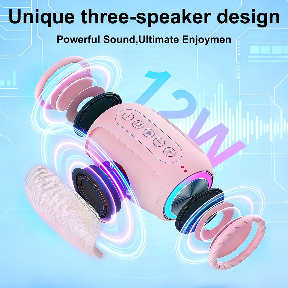 Portable Bluetooth Speaker Foubeak Pink Dual-Speaker Model with Colored LED Lights and Rechargeable Battery