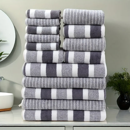 Coral Fleece Towel Set 9 or 15 Piece No Hair Loss 320GSM - Super Soft Absorbent Two-Color Striped | 2 Bath 2 Face 5 Hand Towels | Gray Brown Red Green Blue Mixed | Bathroom Beach Essentials
